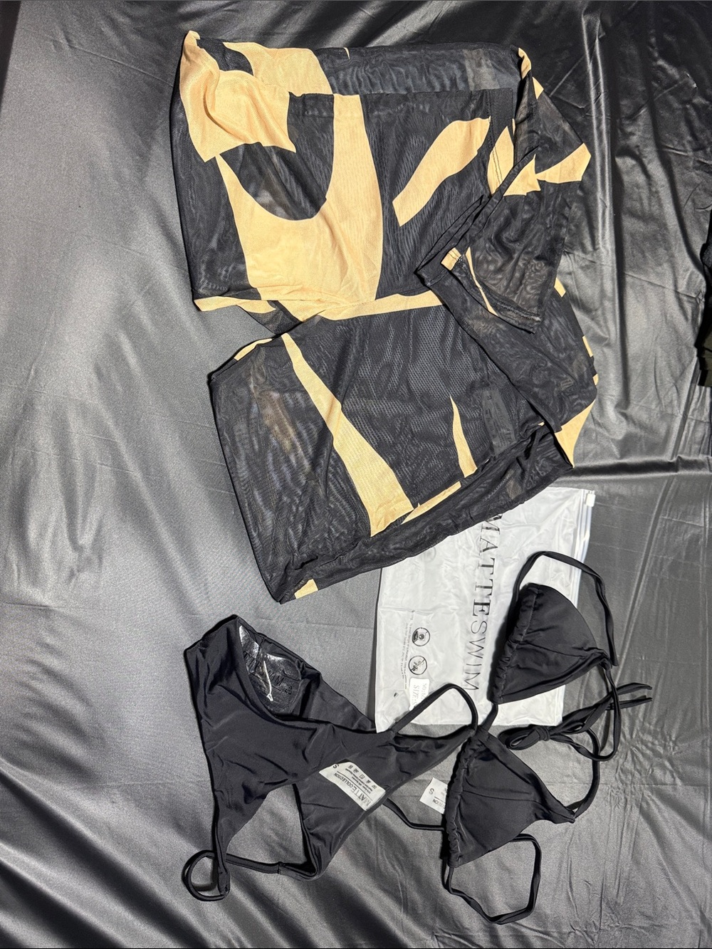 Black & Tan Abstract Mesh Cover-Up with Black Bikini Set